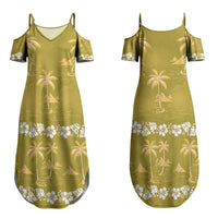 Yellow Hawaii Palm Tree Hibiscus Couples Matching Summer Maxi Dress and Long Sleeve Button Shirt Fantasy Summer Vibe
