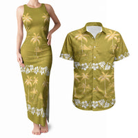 Yellow Hawaii Palm Tree Hibiscus Couples Matching Tank Maxi Dress and Hawaiian Shirt Fantasy Summer Vibe