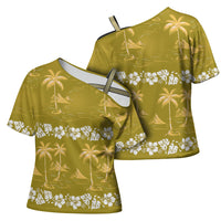 Yellow Hawaii Palm Tree Hibiscus Cross Shoulder Shirt Fantasy Summer Vibe