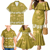 Yellow Hawaii Palm Tree Hibiscus Family Matching Mermaid Dress and Hawaiian Shirt Fantasy Summer Vibe