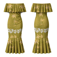 Yellow Hawaii Palm Tree Hibiscus Family Matching Mermaid Dress and Hawaiian Shirt Fantasy Summer Vibe