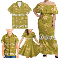 Yellow Hawaii Palm Tree Hibiscus Family Matching Off Shoulder Maxi Dress and Hawaiian Shirt Fantasy Summer Vibe