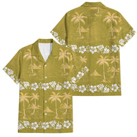 Yellow Hawaii Palm Tree Hibiscus Family Matching Short Sleeve Bodycon Dress and Hawaiian Shirt Fantasy Summer Vibe