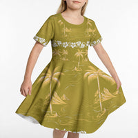 Yellow Hawaii Palm Tree Hibiscus Kid Short Sleeve Dress Fantasy Summer Vibe