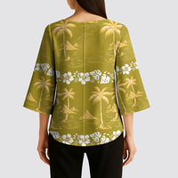 Yellow Hawaii Palm Tree Hibiscus Kimono Sleeve Blouse Fantasy Summer Vibe