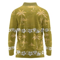 Yellow Hawaii Palm Tree Hibiscus Long Sleeve Polo Shirt Fantasy Summer Vibe