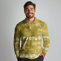 Yellow Hawaii Palm Tree Hibiscus Long Sleeve Polo Shirt Fantasy Summer Vibe