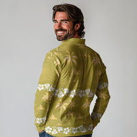 Yellow Hawaii Palm Tree Hibiscus Long Sleeve Polo Shirt Fantasy Summer Vibe