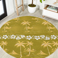 Yellow Hawaii Palm Tree Hibiscus Round Carpet Fantasy Summer Vibe