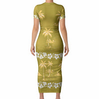 Yellow Hawaii Palm Tree Hibiscus Short Sleeve Bodycon Dress Fantasy Summer Vibe