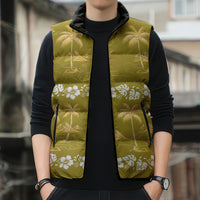 Yellow Hawaii Palm Tree Hibiscus Sleeveless Puffer Jacket Fantasy Summer Vibe