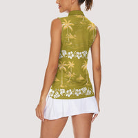 Yellow Hawaii Palm Tree Hibiscus Women Sleeveless Polo Shirt Fantasy Summer Vibe
