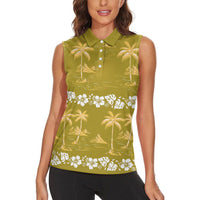 Yellow Hawaii Palm Tree Hibiscus Women Sleeveless Polo Shirt Fantasy Summer Vibe