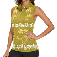 Yellow Hawaii Palm Tree Hibiscus Women Sleeveless Polo Shirt Fantasy Summer Vibe