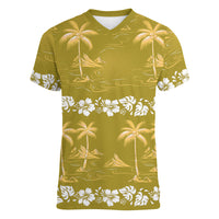 Yellow Hawaii Palm Tree Hibiscus Women V-Neck T-Shirt Fantasy Summer Vibe