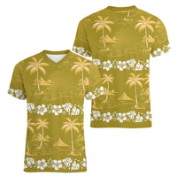 Yellow Hawaii Palm Tree Hibiscus Women V-Neck T-Shirt Fantasy Summer Vibe