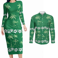 Green Hawaii Palm Tree Hibiscus Couples Matching Long Sleeve Bodycon Dress and Long Sleeve Button Shirt Fantasy Summer Vibe