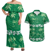 Green Hawaii Palm Tree Hibiscus Couples Matching Off Shoulder Maxi Dress and Hawaiian Shirt Fantasy Summer Vibe