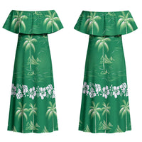 Green Hawaii Palm Tree Hibiscus Couples Matching Off Shoulder Maxi Dress and Hawaiian Shirt Fantasy Summer Vibe