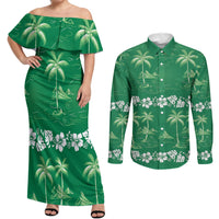 Green Hawaii Palm Tree Hibiscus Couples Matching Off Shoulder Maxi Dress and Long Sleeve Button Shirt Fantasy Summer Vibe