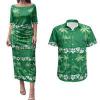 Green Hawaii Palm Tree Hibiscus Couples Matching Puletasi and Hawaiian Shirt Fantasy Summer Vibe