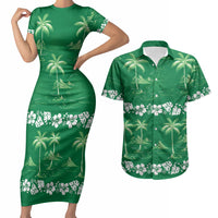 Green Hawaii Palm Tree Hibiscus Couples Matching Short Sleeve Bodycon Dress and Hawaiian Shirt Fantasy Summer Vibe