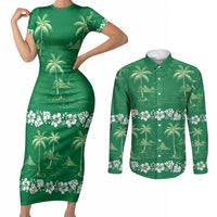 Green Hawaii Palm Tree Hibiscus Couples Matching Short Sleeve Bodycon Dress and Long Sleeve Button Shirt Fantasy Summer Vibe