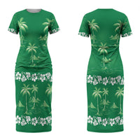 Green Hawaii Palm Tree Hibiscus Couples Matching Short Sleeve Bodycon Dress and Long Sleeve Button Shirt Fantasy Summer Vibe