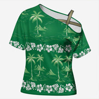 Green Hawaii Palm Tree Hibiscus Cross Shoulder Shirt Fantasy Summer Vibe