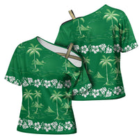 Green Hawaii Palm Tree Hibiscus Cross Shoulder Shirt Fantasy Summer Vibe