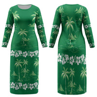 Green Hawaii Palm Tree Hibiscus Family Matching Long Sleeve Bodycon Dress and Hawaiian Shirt Fantasy Summer Vibe