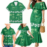 Green Hawaii Palm Tree Hibiscus Family Matching Mermaid Dress and Hawaiian Shirt Fantasy Summer Vibe