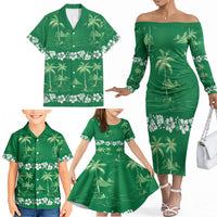 Green Hawaii Palm Tree Hibiscus Family Matching Off The Shoulder Long Sleeve Dress and Hawaiian Shirt Fantasy Summer Vibe