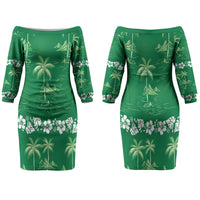 Green Hawaii Palm Tree Hibiscus Family Matching Off The Shoulder Long Sleeve Dress and Hawaiian Shirt Fantasy Summer Vibe