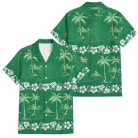Green Hawaii Palm Tree Hibiscus Family Matching Off Shoulder Maxi Dress and Hawaiian Shirt Fantasy Summer Vibe