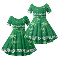 Green Hawaii Palm Tree Hibiscus Family Matching Off Shoulder Maxi Dress and Hawaiian Shirt Fantasy Summer Vibe