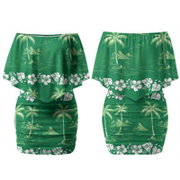Green Hawaii Palm Tree Hibiscus Family Matching Off Shoulder Short Dress and Hawaiian Shirt Fantasy Summer Vibe