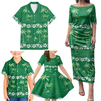Green Hawaii Palm Tree Hibiscus Family Matching Puletasi and Hawaiian Shirt Fantasy Summer Vibe