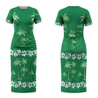 Green Hawaii Palm Tree Hibiscus Family Matching Short Sleeve Bodycon Dress and Hawaiian Shirt Fantasy Summer Vibe