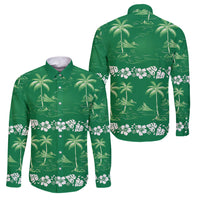 Green Hawaii Palm Tree Hibiscus Family Matching Short Sleeve Bodycon Dress and Hawaiian Shirt Fantasy Summer Vibe