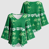 Green Hawaii Palm Tree Hibiscus Kimono Sleeve Blouse Fantasy Summer Vibe