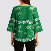 Green Hawaii Palm Tree Hibiscus Kimono Sleeve Blouse Fantasy Summer Vibe