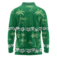 Green Hawaii Palm Tree Hibiscus Long Sleeve Polo Shirt Fantasy Summer Vibe