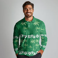 Green Hawaii Palm Tree Hibiscus Long Sleeve Polo Shirt Fantasy Summer Vibe