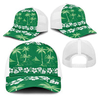 Green Hawaii Palm Tree Hibiscus Mesh Trucker Cap Fantasy Summer Vibe