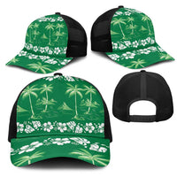 Green Hawaii Palm Tree Hibiscus Mesh Trucker Cap Fantasy Summer Vibe