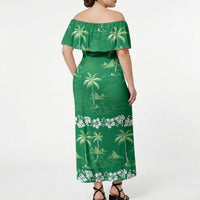 Green Hawaii Palm Tree Hibiscus Off Shoulder Maxi Dress Fantasy Summer Vibe
