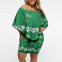 Green Hawaii Palm Tree Hibiscus Off Shoulder Short Dress Fantasy Summer Vibe