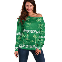 Green Hawaii Palm Tree Hibiscus Off Shoulder Sweater Fantasy Summer Vibe