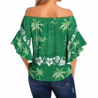 Green Hawaii Palm Tree Hibiscus Off Shoulder Wrap Waist Top Fantasy Summer Vibe